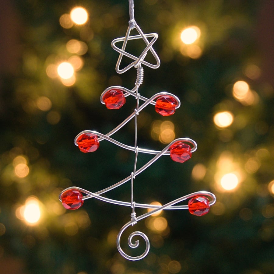 Set of Three Wire Christmas Tree & Star Decorations with Red Faceted Glass Beads