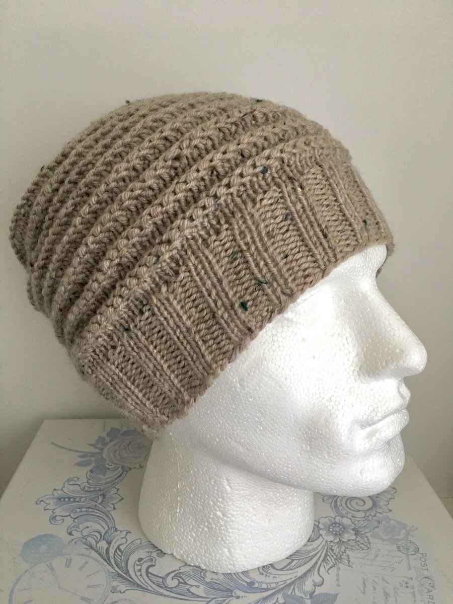 Slouchy Beanie Hat for Men, Guys Chunky Light Brown Hand knit Wool Hat 