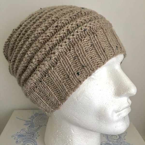 Slouchy Beanie Hat for Men, Guys Chunky Light Brown Hand knit Wool Hat 