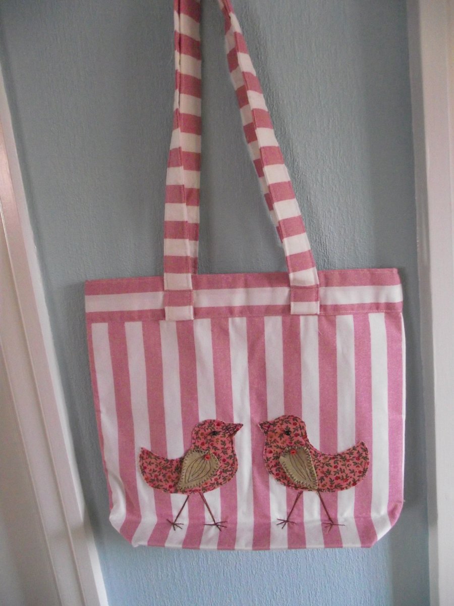Striped tote bag, two little birds, gift for bird lover