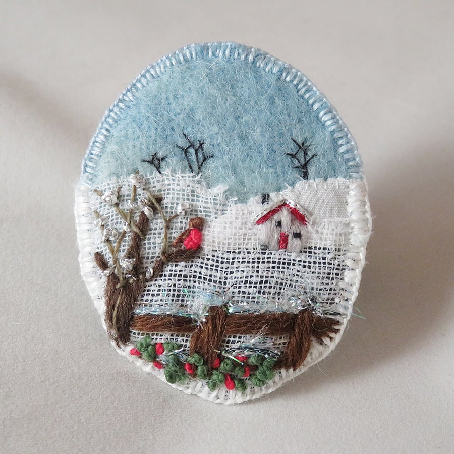 Embroidered Applique Brooch - Winter Snow Scene
