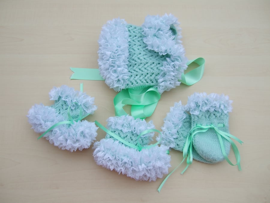 Hand knitted baby lace bonnet booties and mittens set 0 - 3 months mint green