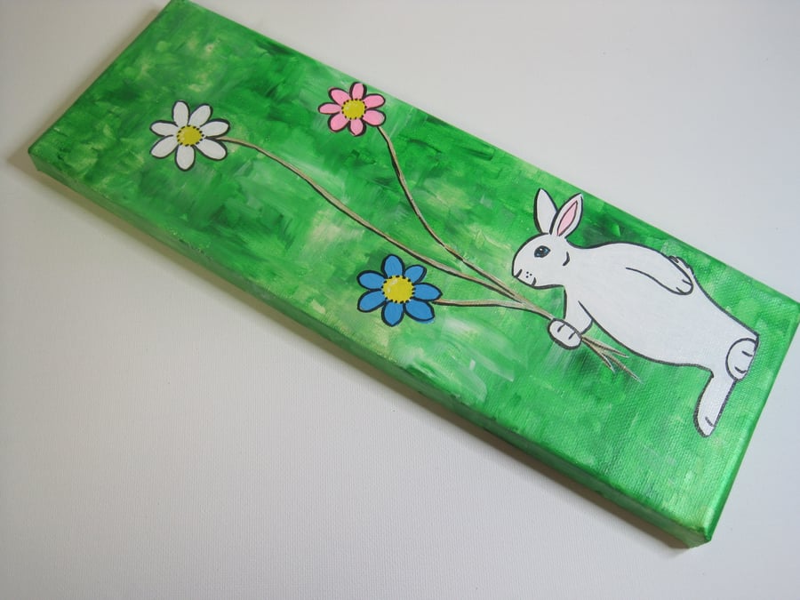 ONE DAY SALE Bunny Rabbit Painting with flowers original art
