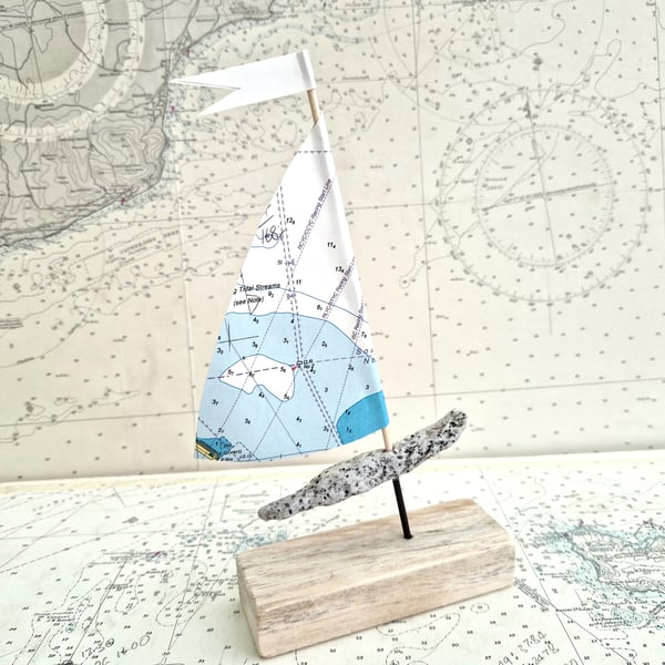 Cowes, Isle of Wight driftwood sailboat ornament, authentic nautical map sail