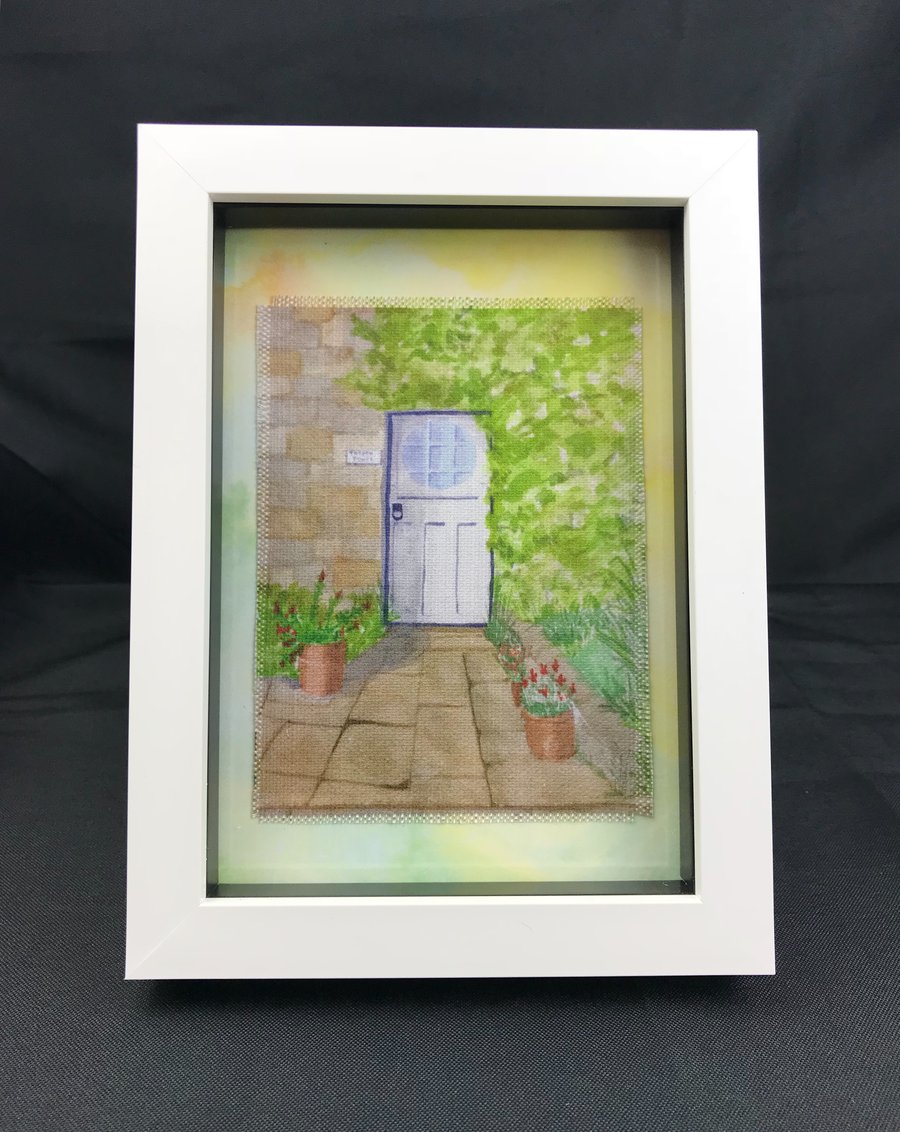 Cottage Door Framed textile Watercolour Picture