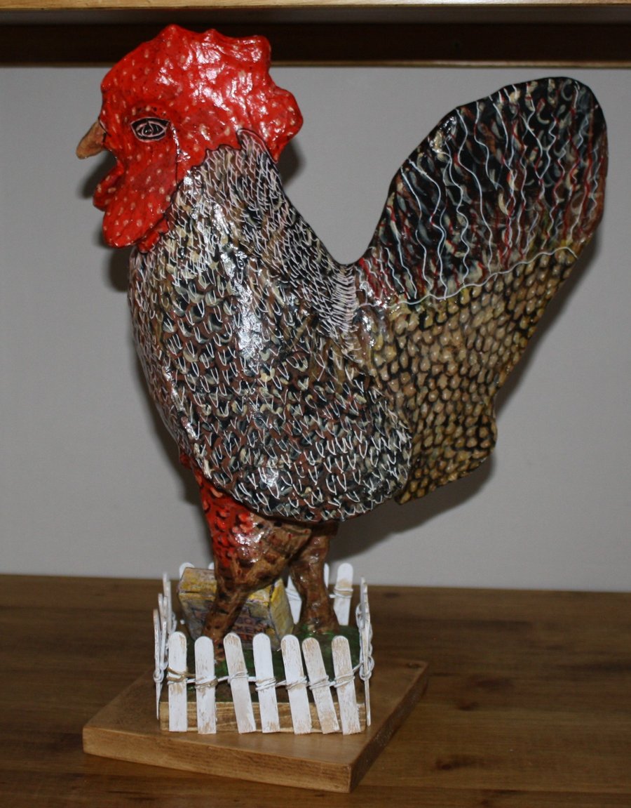 HAND MADE PAPER MACHE FOLKK ART INSPIRED LARGE SOAP BOX COCKEREL OR CHICKEN