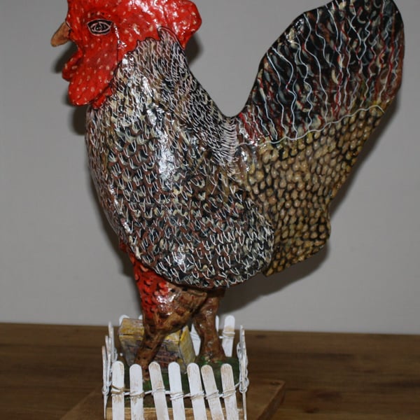 HAND MADE PAPER MACHE FOLKK ART INSPIRED LARGE SOAP BOX COCKEREL OR CHICKEN