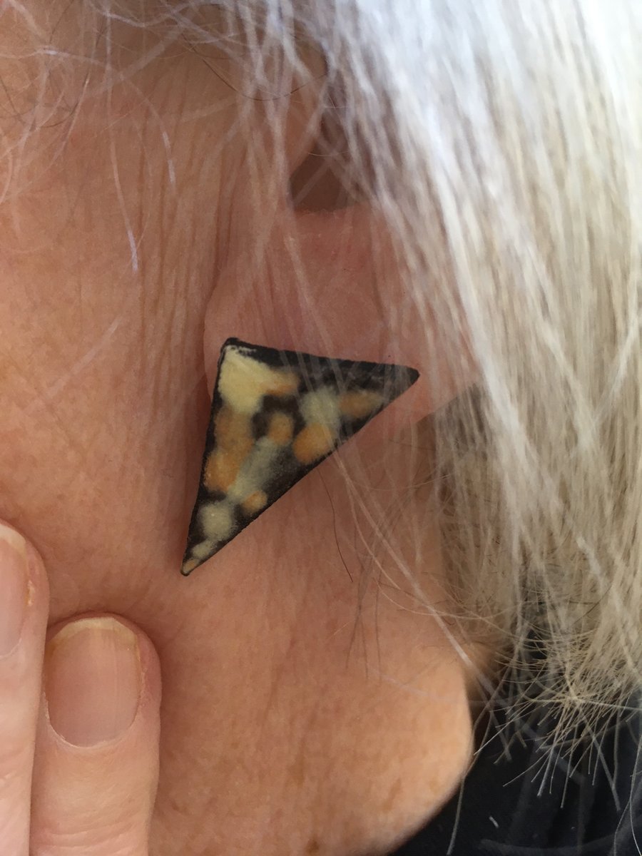 Handmade triangle design earrings Black stoneware ceramic. Lemon, yellow, white 