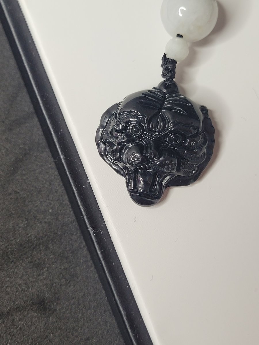 Black & White Jade Mala Necklace with Tiger Pendant