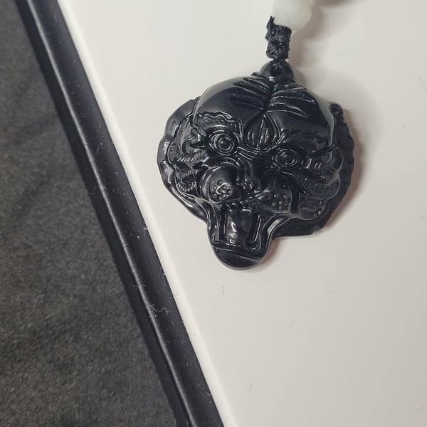Black & White Jade Mala Necklace with Tiger Pendant