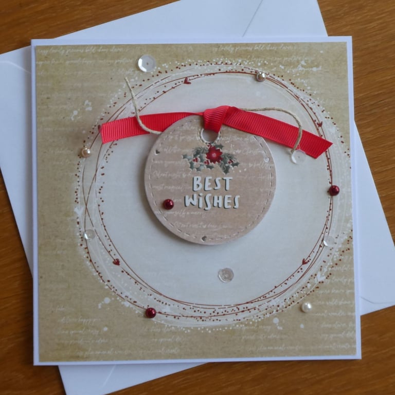 Christmas Card - Wreath With Red Poinsettias- Best Wishes