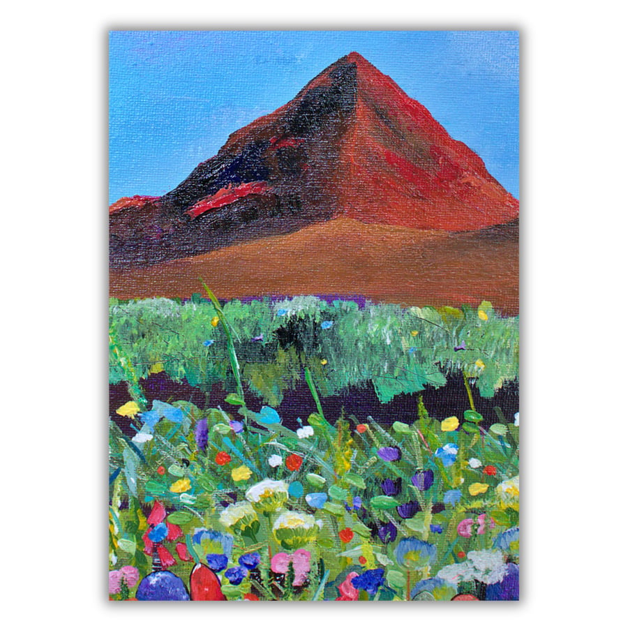 A mounted painting - Scottish landscape - Ben Lomond - wildflowers 