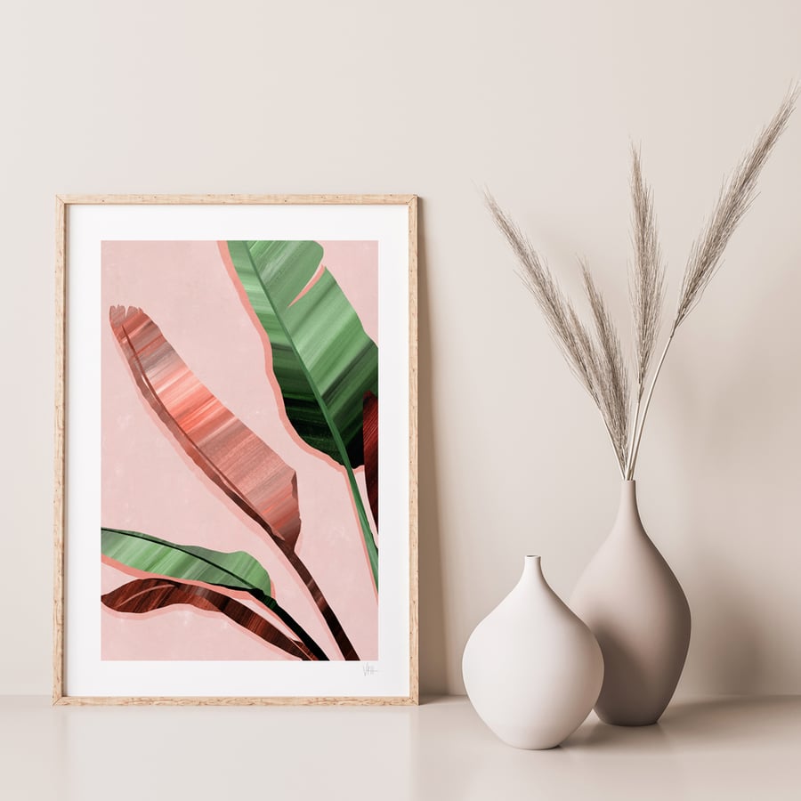 Green and Pink Banana Leaf Art Print