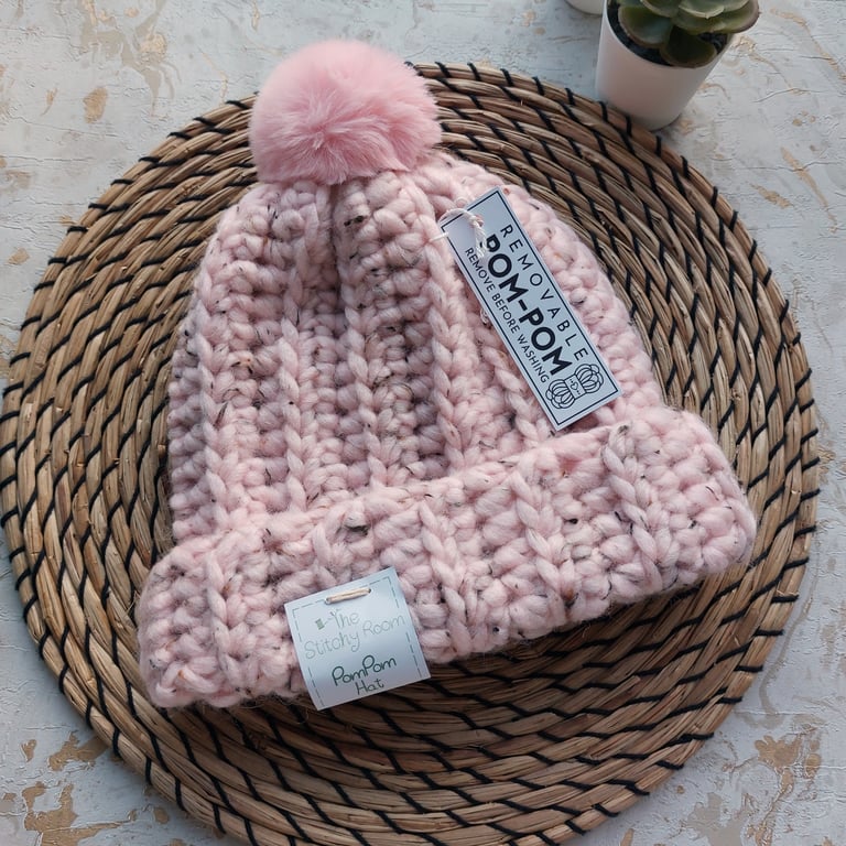 Crochet Pom Pom Hat Pure Wool Blend