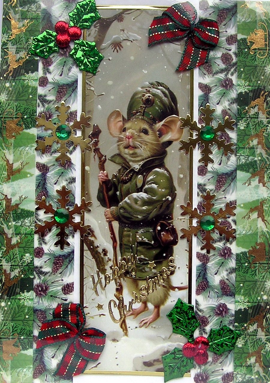 Hand Crafted Decoupage Chistmas Card - Happy Christmas (3229) Snow Treking Mouse