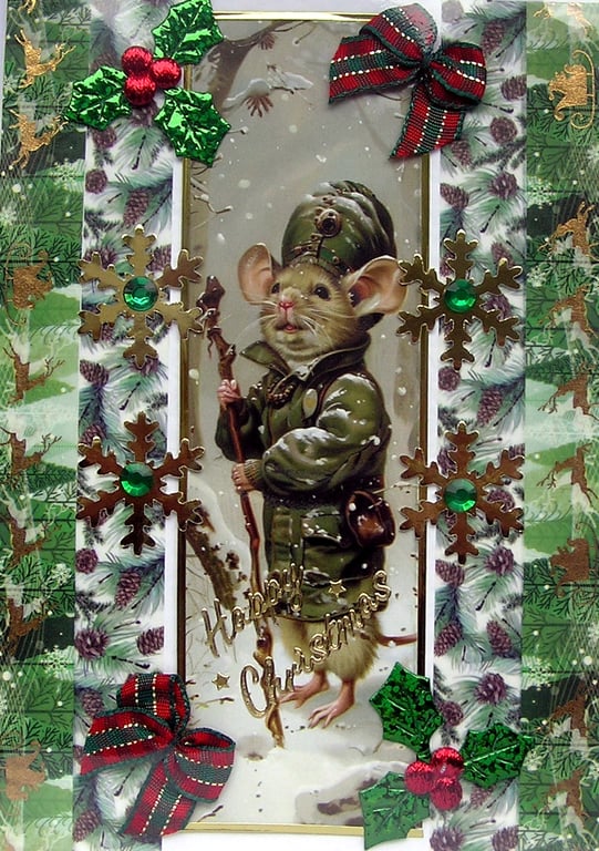 Hand Crafted Decoupage Chistmas Card - Happy Christmas (3229) Snow Treking Mouse