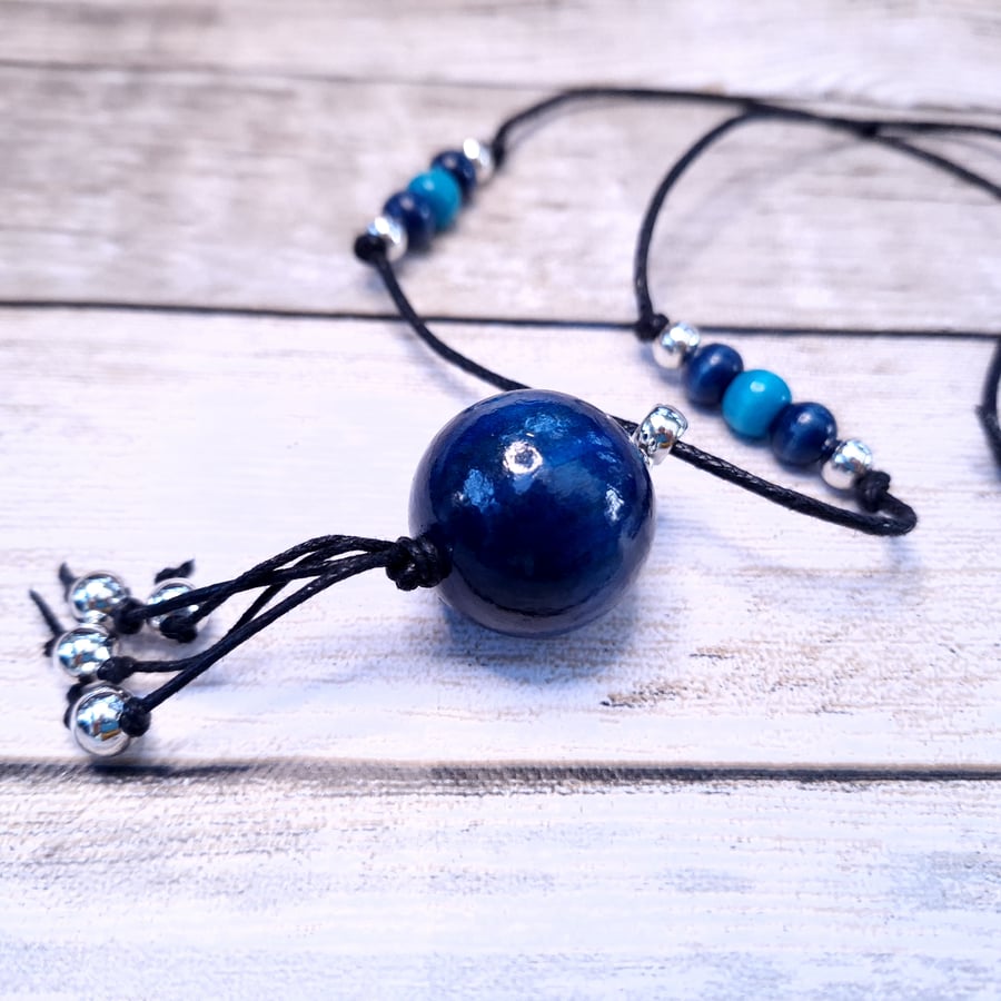 Large boho wooden pendant necklace (dark blue and silver)