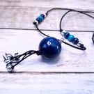 Large boho wooden pendant necklace (dark blue and silver)