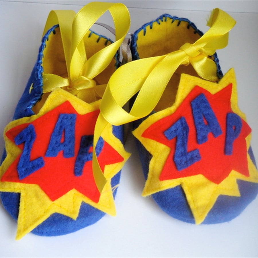 Blue and Yellow 'ZAP' Felt Baby Booties/Shoes