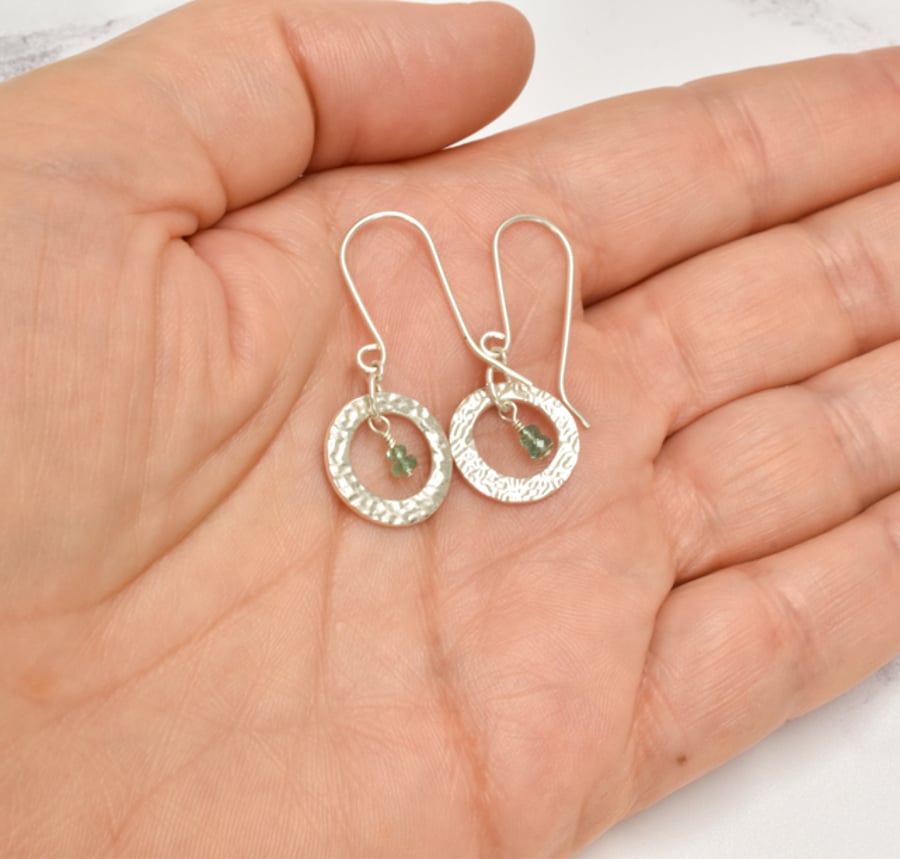 Emerald and Fine Silver Circle Earrings