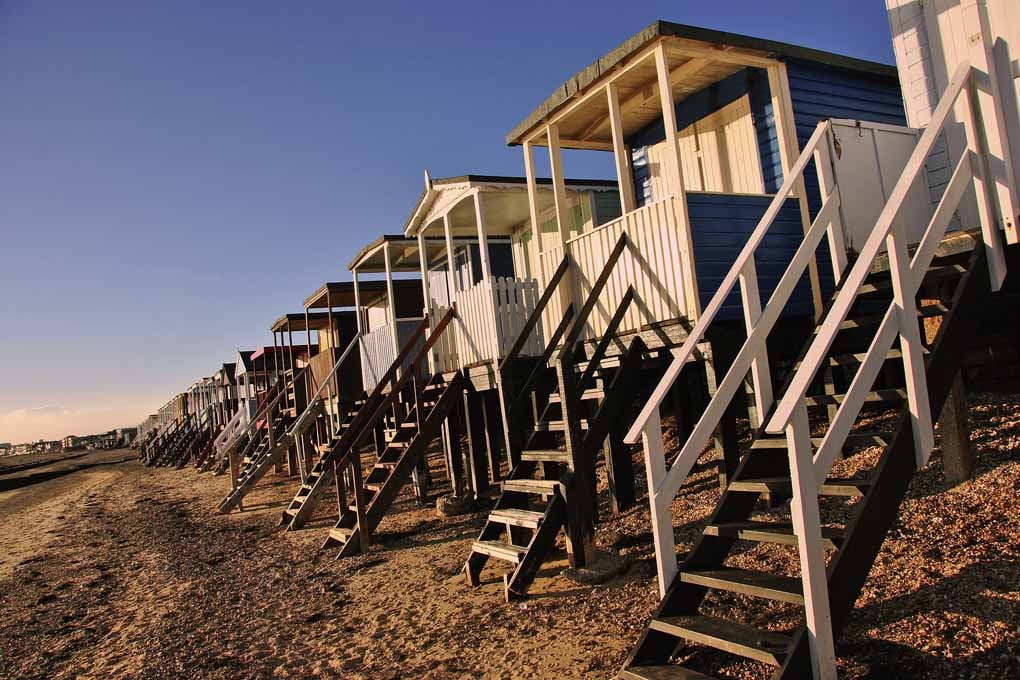 Thorpe bay beach huts Essex UK 18"x12" Print