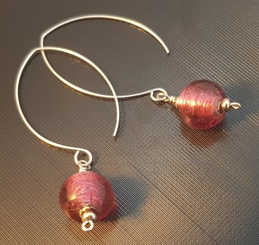 Silver-foil lined glass round beads, on hand made silver ear wires.