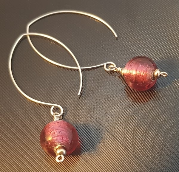 Silver-foil lined glass round beads, on hand made silver ear wires.