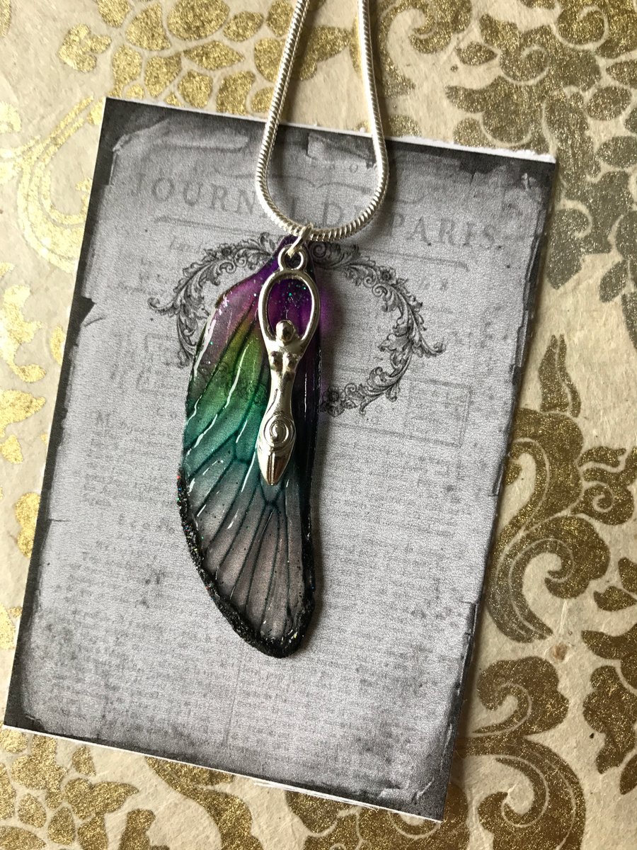 Purple and Green Sterling Silver Goddess Fairy Wing Necklace Pendant