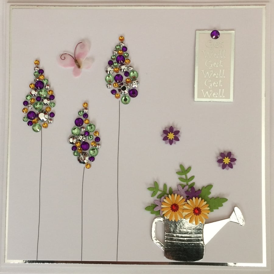 Get Well Card Watering Can Flowers and Gem Trees 3D Luxury Handmade Card
