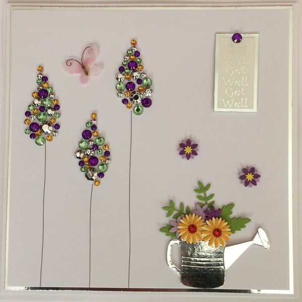 Get Well Card Watering Can Flowers and Gem Trees 3D Luxury Handmade Card