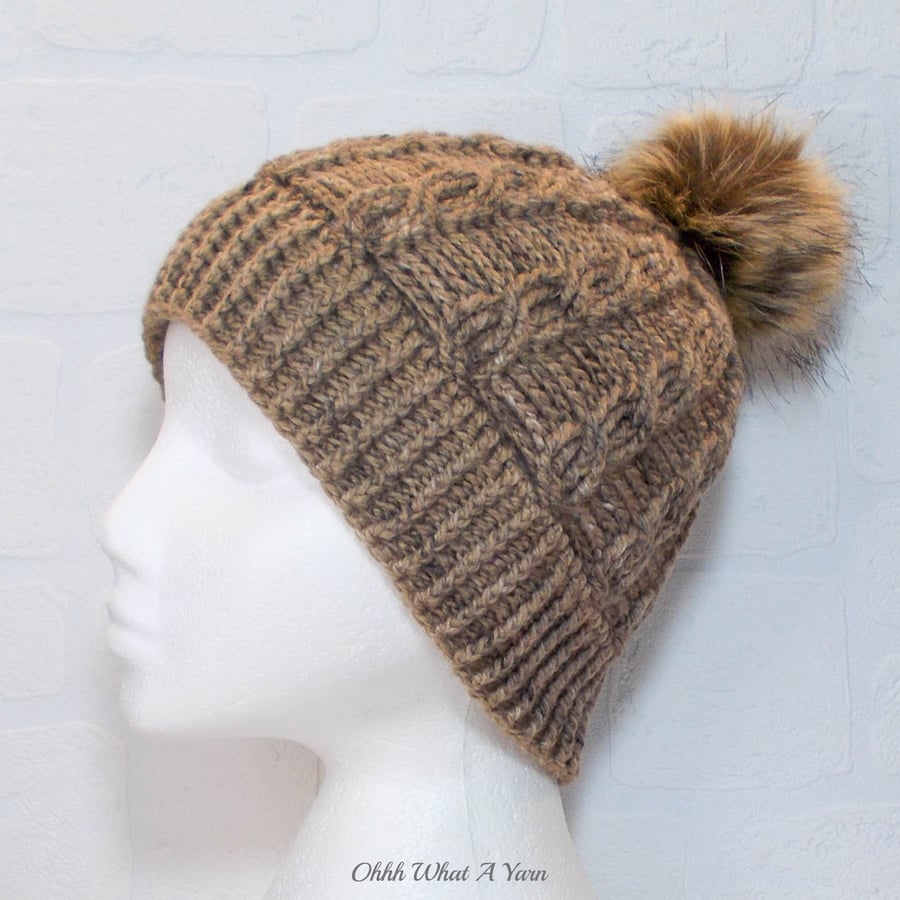 Crochet hat, beanie. Ladies brown marl cable pom pom hat. Ladies hat.