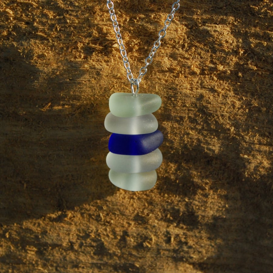Beach glass stacking pendant with blue