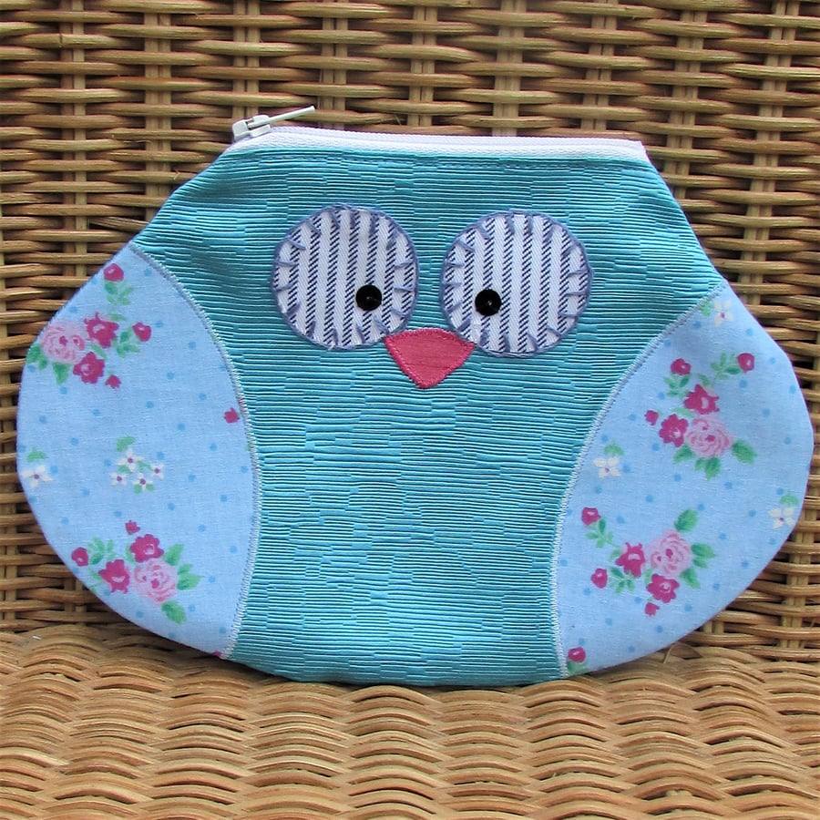 Owl pouch, owl purse, owl cosmetic bag - turquoise, blue and pink