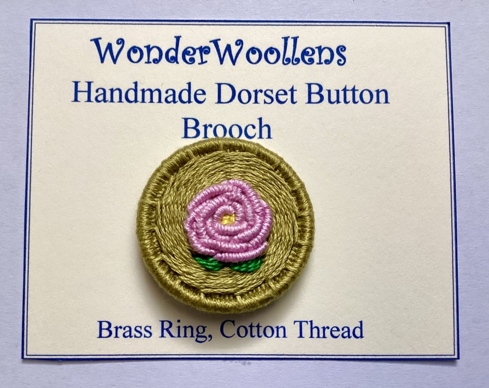 Pink Rose Dorset Button Brooch or Pin, 3.4cm, Pink Flower, Cotton, Brass Ring 