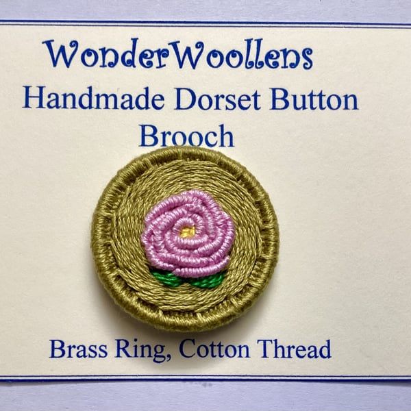Pink Rose Dorset Button Brooch or Pin, 3.4cm, Pink Flower, Cotton, Brass Ring 