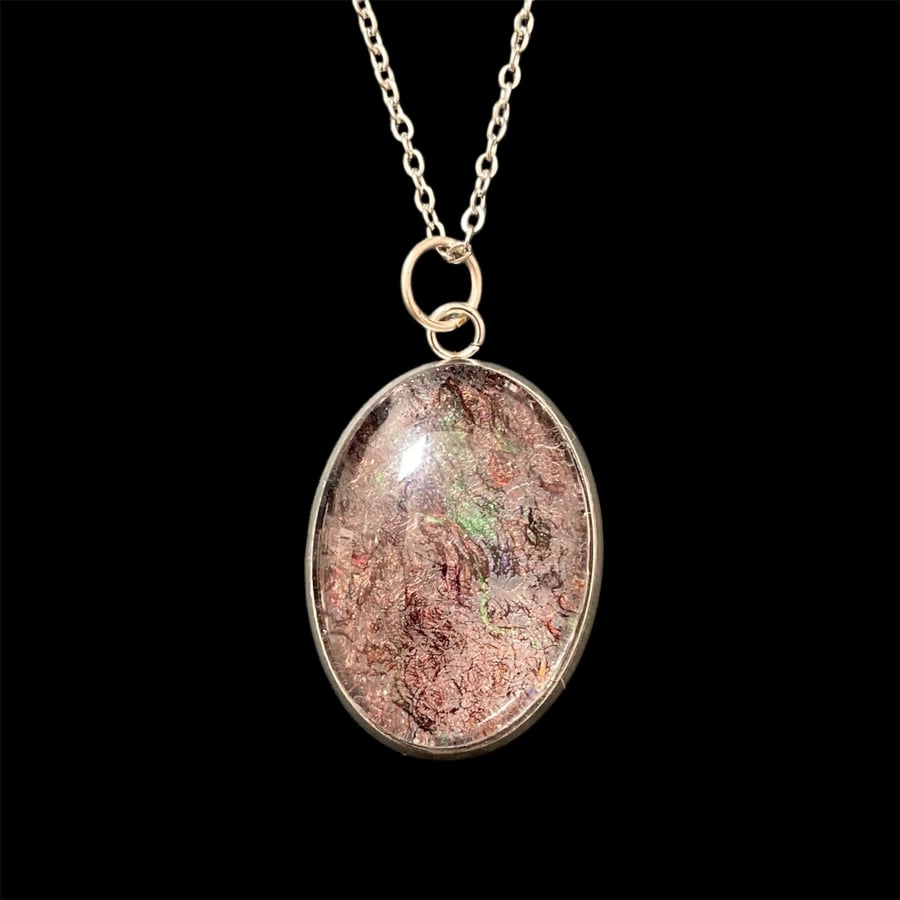 Felted wool & silk abstract pendant in brown - set in tray with cabochon