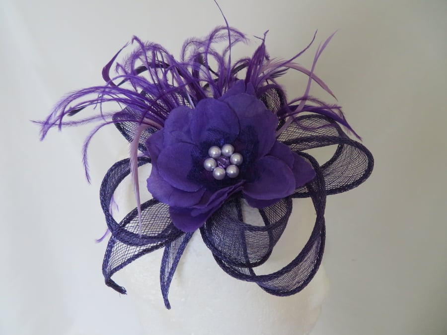 Ultraviolet Purple and Lilac Sinamay Loop and Feather Rose Flower Clip Fascinato