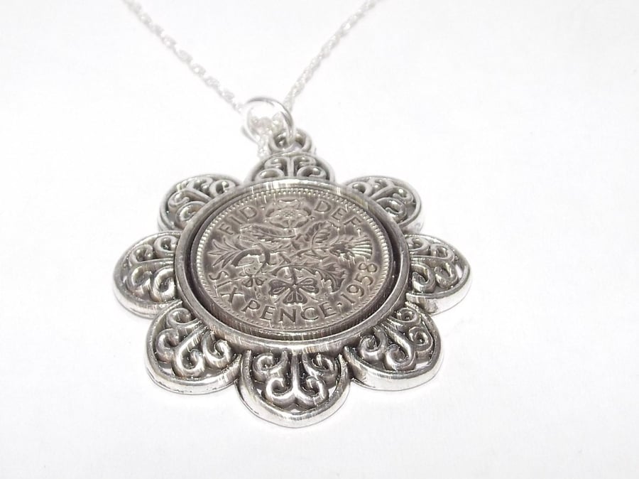 Floral Pendant 1958 Lucky sixpence 63rd Birthday plus a Sterling Silver 24in Cha