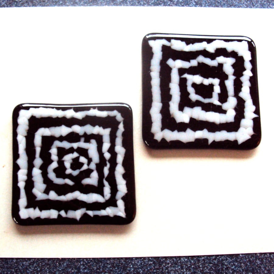 Black and white mosaic fused glass coaster pair No.2  (0487)