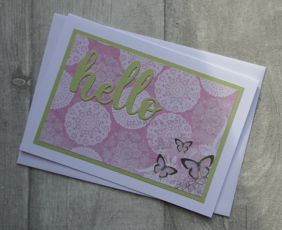 Pink and Green Blank Card with Butterflies and Die Cut 'Hello'
