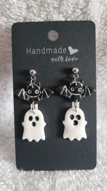 Handmade Polymer Clay Ghost & Bat Earrings, 316 Stainless Steel, Halloween