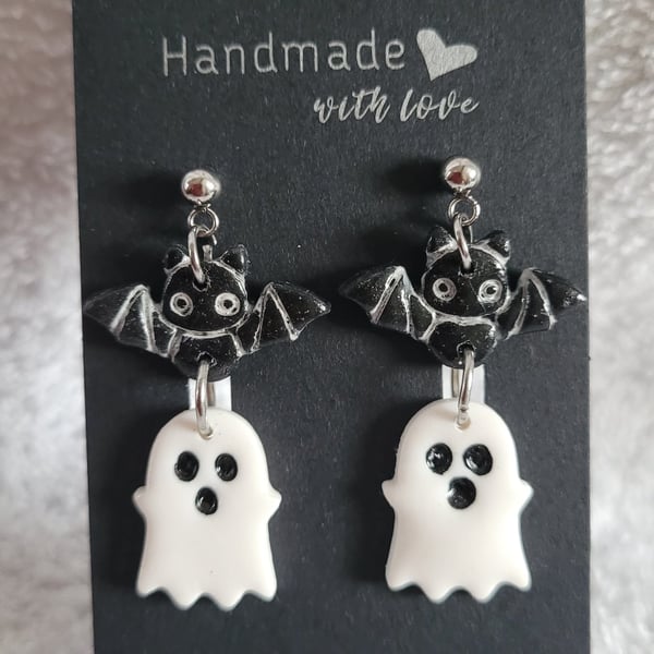 Handmade Polymer Clay Ghost & Bat Earrings, 316 Stainless Steel, Halloween