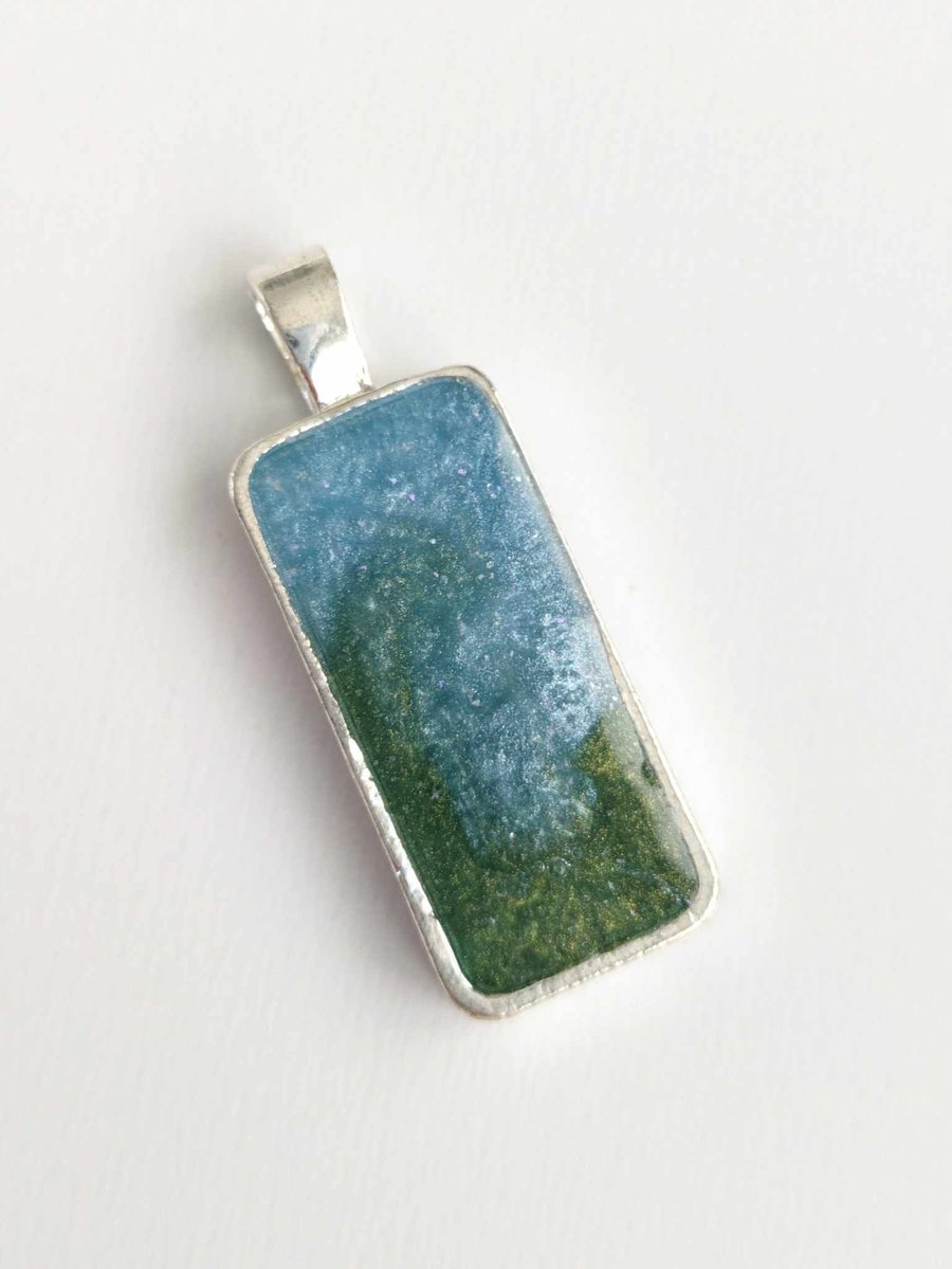 Small Rectangular Pendant With Green & Blue Resin