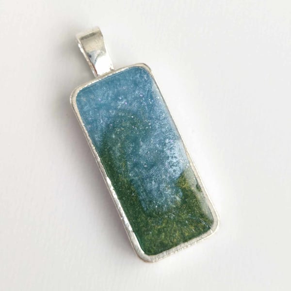 Small Rectangular Pendant With Green & Blue Resin