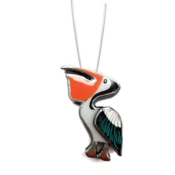 Wonderfully Whimsical Orange Retro Pelican Bird Necklace by EllyMental
