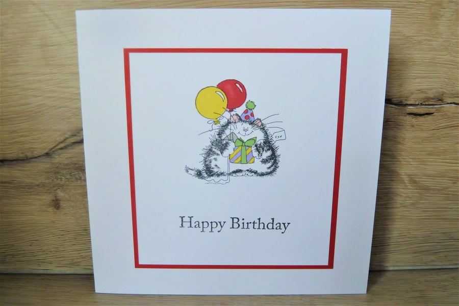 cat with balloons, happy birthday card