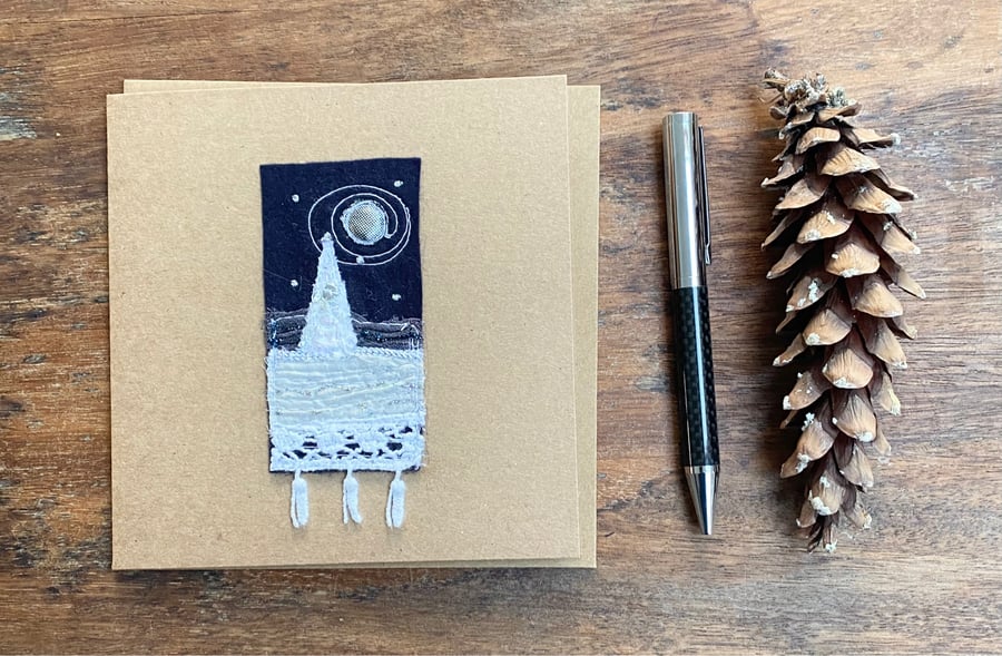 Up-cycled snowy Christmas tree by moonlight embroidered Christmas card. 