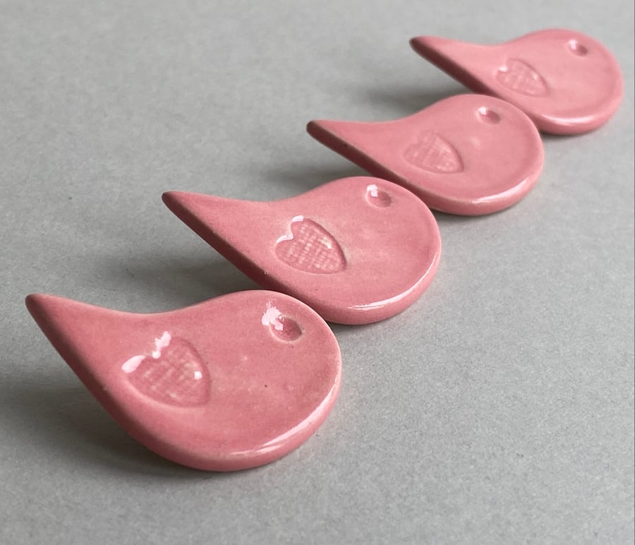 Buttons Handmade ceramic Birds set of four pink buttons