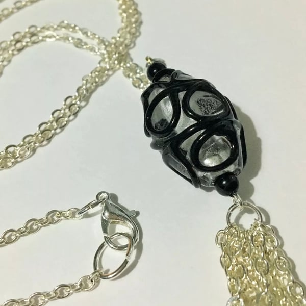 Glass Dangle Pendant & Black Agate Beads on Silver Plated Chain 