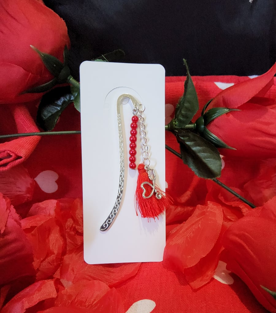 Beaded Silver Valentines Bookmark - Heart Stethoscope 